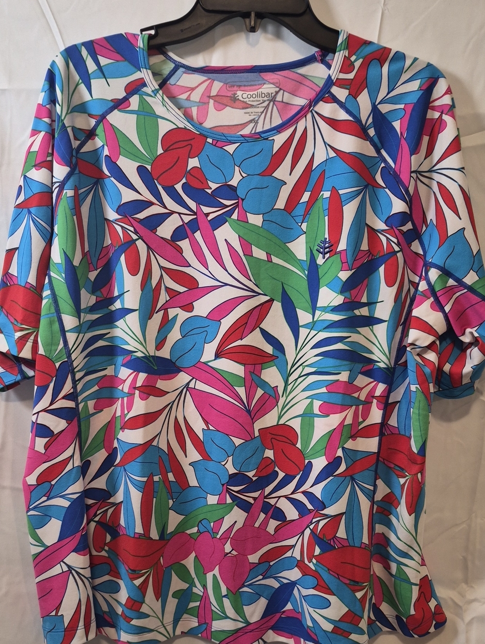 Coolibar Women's Tropical Floral Short Sleeve Tee in Blue, Pink, Red & Green